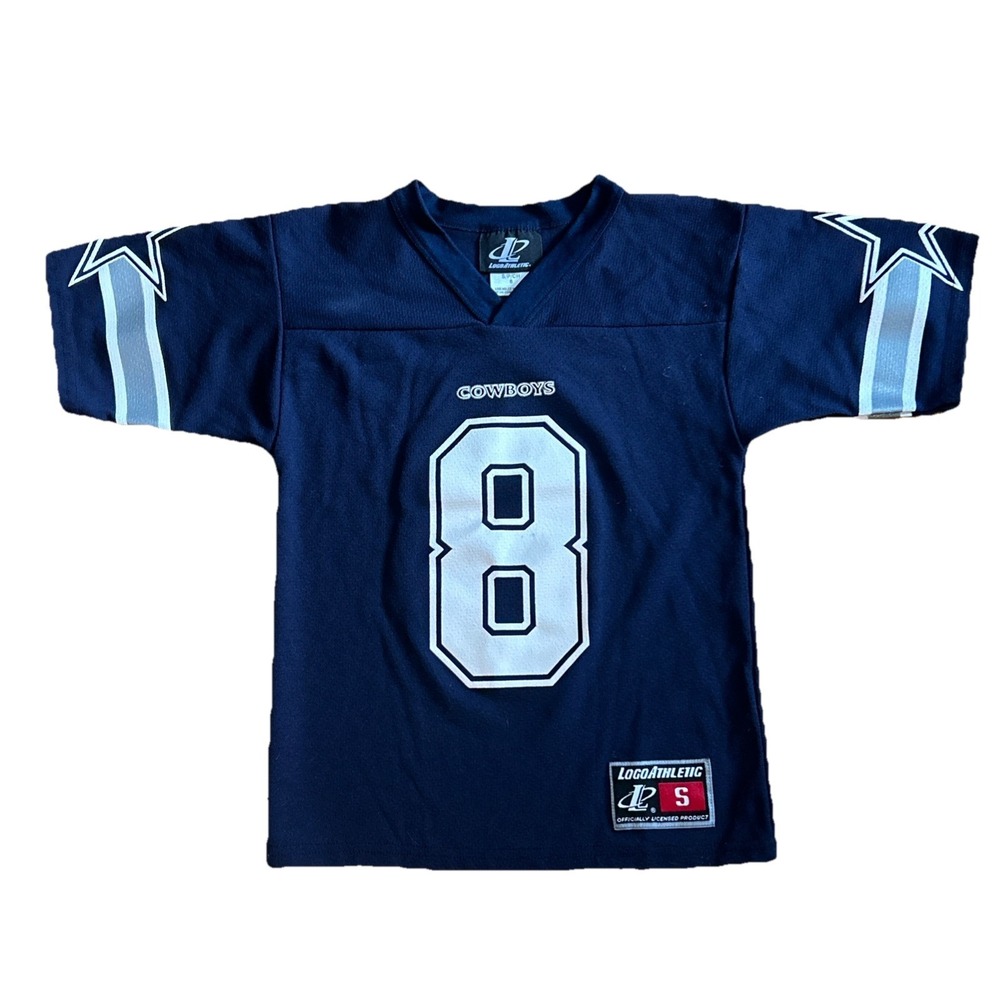 Vintage 90's Troy Aikman #8 Dallas Cowboys Navy Blue Jersey Boys Small 8 Logo